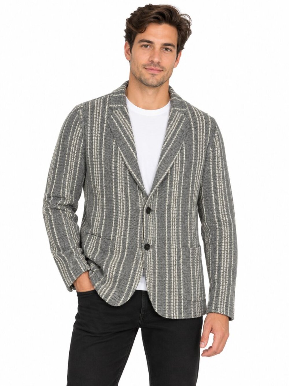 FRADI Italy Mens Virgin Wool Knit Blazer Grey White Pinstripe Postage 48 38 Flaw